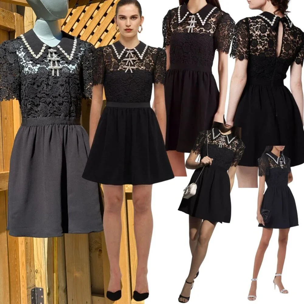 🆕 SELF PORTRAIT 🧿 NWOT Black Guipure Diamante Lace Mini Dress - Sz UK 10 US 6 - Picture 1 of 16